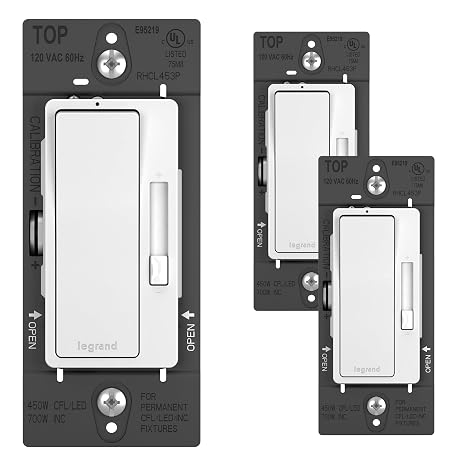 Legrand Radiant 450W LED Dimmer Light Switch 3-Way Rocker White 3-Pack | Pass & Seymour Decorator Rocker Dimmer Switch, for Dimmable LED Bulbs, Preset, Locator Light