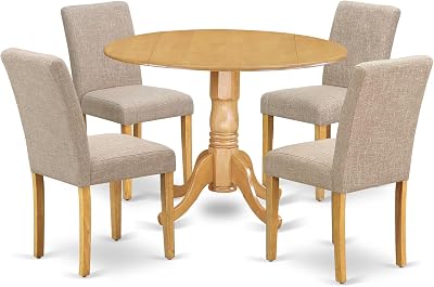 East West Furniture DLAB5-OAK-04 5 Piece Dinette Set for 4 Includes a Round Dining Room Table with Dropleaf and 4 Light Tan Linen Fabric Parsons Dining Chairs, 42x42 Inch, Oak