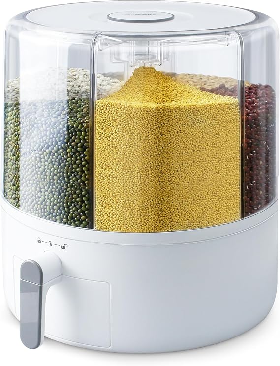 16lb Grain and Rice Storage Container, 360 Rotating 6 Grid Grain Dispenser | Food Dispenser, Airtight Storage, Rice Dispenser, Upgrade 6 Compartment Rotating Rice Dispenser Storage Container