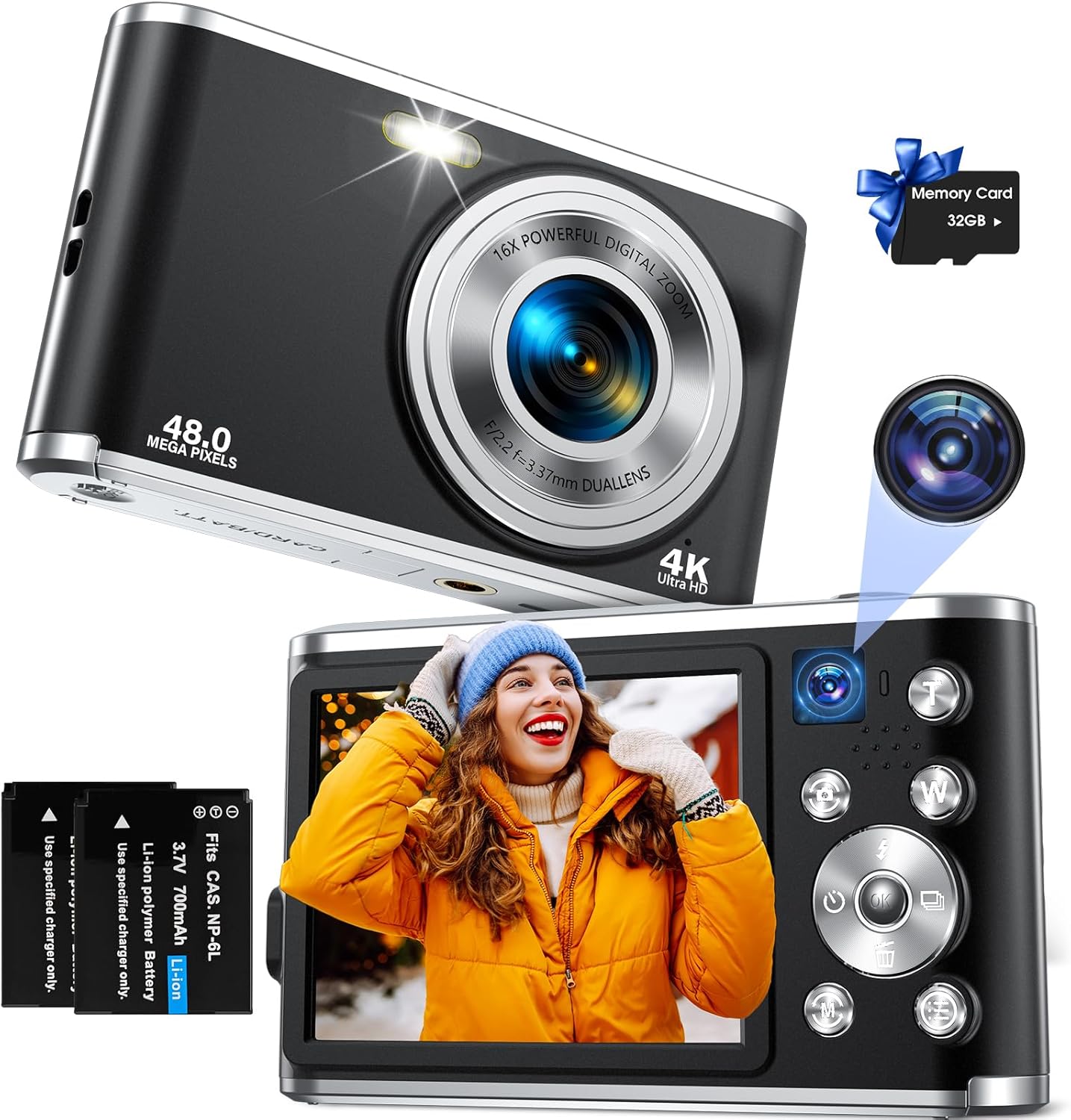 Digital Camera AutoFocus 4K Photo Camera with Dual Camera Camera Digital Camera with 32GB Card 16X Digital Zoom 2.8 Inch Large Screen Vlogging Camera Portable Point and Shoot Cameras for Teenagers