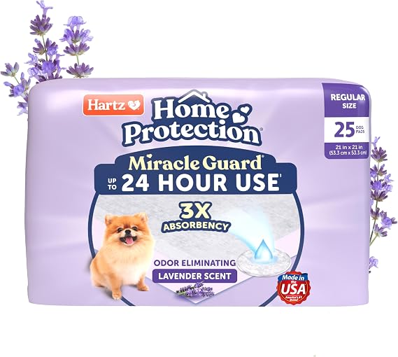 Hartz Miracle Guard Dog and Puppy Dog Pads Max Absorbency 24 Hour Use Odor Eliminating Lavender Scented No Leaks, Regular Size 25 Count