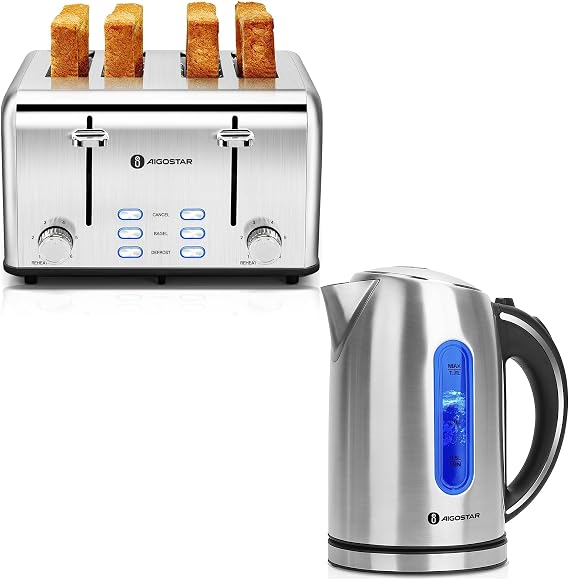 Aigostar Toaster 4 Slice 1.6" Wide Slot Stainless Steel Toasters with Bagel, Reheat, Cancel, Defrost Function and Electric Kettle, 1.7L Electric Tea Kettle with LED Illumination
