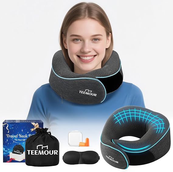 Travel Pillow for Adults,Memory Foam Airplane Pillow with 360 Neck Support, Includes Storage Bag, Eye Mask, Ear Plugs, Adjustable Travel Pillow for Long Flights,Train,Car & Business Trips(Dark Grey)