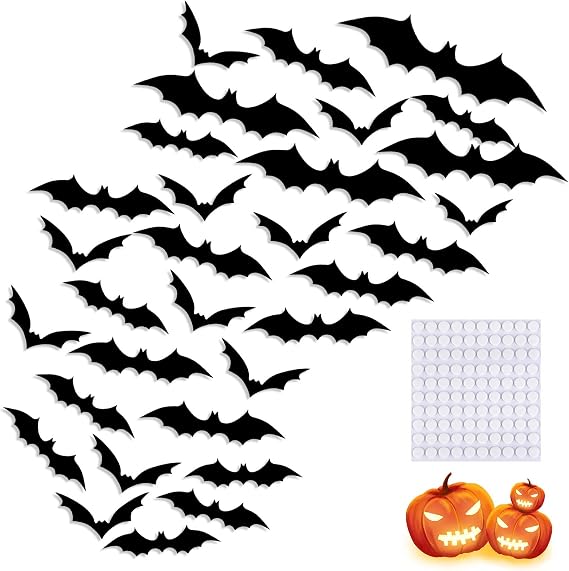Halloween Bats Decorations, 84 Pcs Black PVC Bats 3D Wall Sticker 4 Sizes Halloween Scary Bats for Home Window, Party, Room Decor