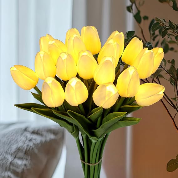HOMESEASONS Pre-Lit 20pcs LED Lighted Fake Flowers Artificial Tulips Real Touch Tulip Bouquet 15" Faux Tulips for Easter Decor Spring Decor Mother's Day Home Kitchen Wedding Decorations(Cream)