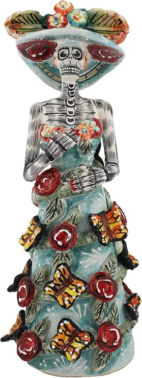 Mexican Catrina Magic Rose Talavera Inspired Dress Skeleton Catrina Multicolor Dress Design, Traditional Skeleton Guanajuato Statue Figure (Aqua)