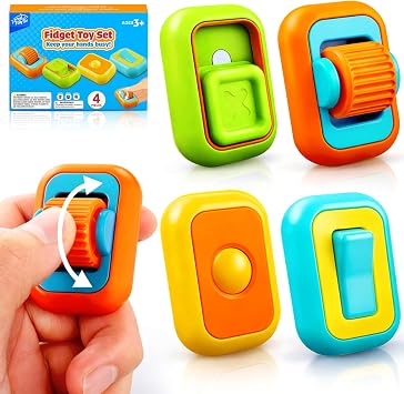 Fidget Toys Finger Fidgets for Kids: 4 Pack Sensory Fidget Toy for Stress Relief- Multi-Functional ADHD Tools for Autism Kids Calming- Fun Fidgets with Slider, Clicker, Roller for Travel Classroom