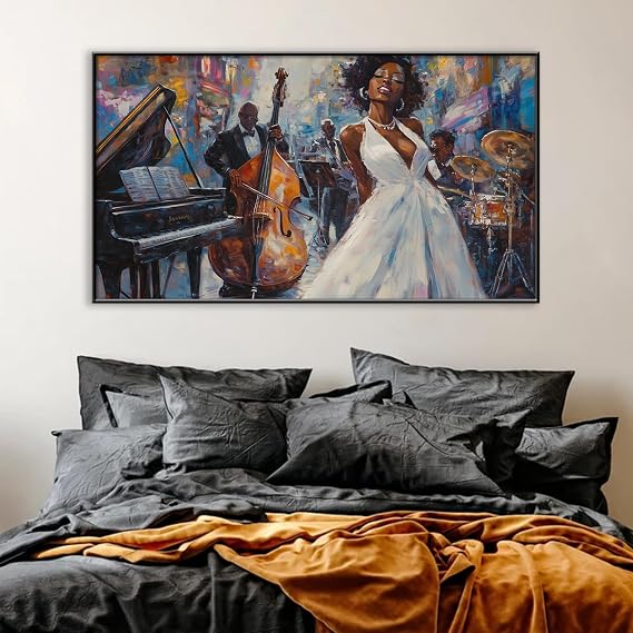 Jazz Oil Painting Canvas Prints Wall Art, African American Abstract Jazz Band Picture Poster, Jazz Orchestra Music Artwork, Ready to Hang for Living Room Bedroom (Black Framed, 69x39in|174x98cm)
