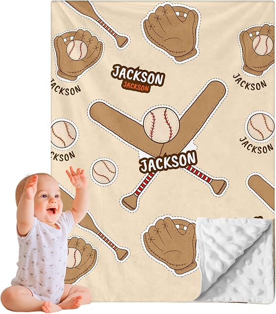 GRESATEK Custom Name Double Layer Baby Blanket - Personalized Toddler Bedding Throw Blanket with Name Beige Baseball - Multipurpose Christmas Holiday Birthday Gifts for Boys Girls