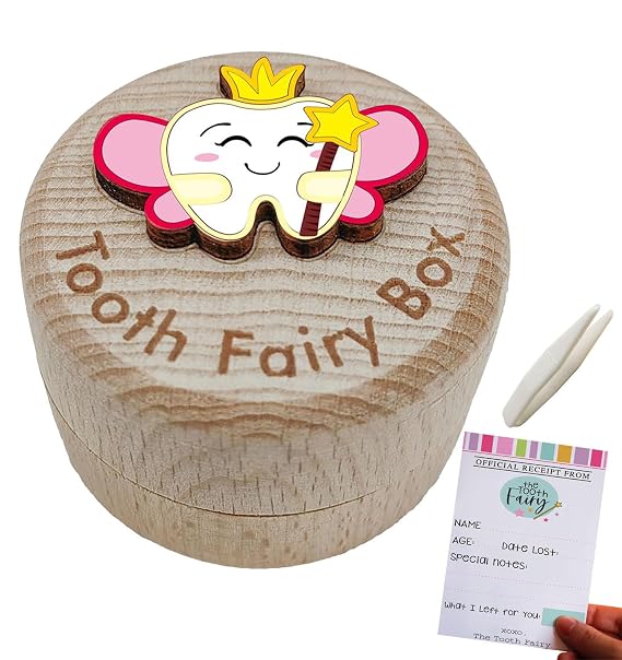 PAMBO Baby Tooth Fairy Box, 3D Tooth Box Keepsake Holder for Lost Tooth Kids Gifts | Wooden Tooth Holder & Organizer - Pink