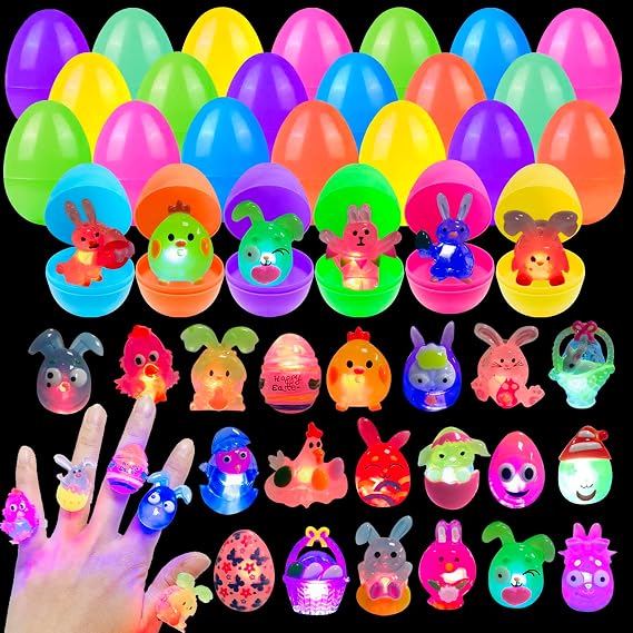 24 Pack Prefilled Easter Eggs with 3D Finger Lights Toys Grow in the Dark Great for Kids Girls Boys Easter Basket Stuffers Party Favors Eggs Fillers (Easter)