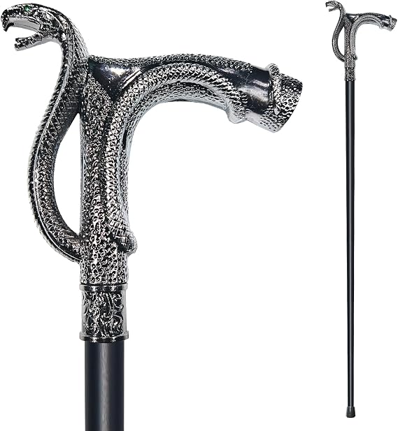 Walking Cane for Men & Women - Heavy Duty 500+ lbs Capacity, Snake | Gothic Cane with Ornate Design, Decorative Goth Metal Ergonomic Handle Cane, Black & Silver Walking Stick for Senior Gift