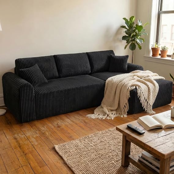 110" Modular Sectional Couch with L-Shape Chaise, Modern Cloud Sectional Sofa with Deep Seat, Corduroy Boneless Couches for Living Room, No Assembly Required (Black, Right Facing Chaise)