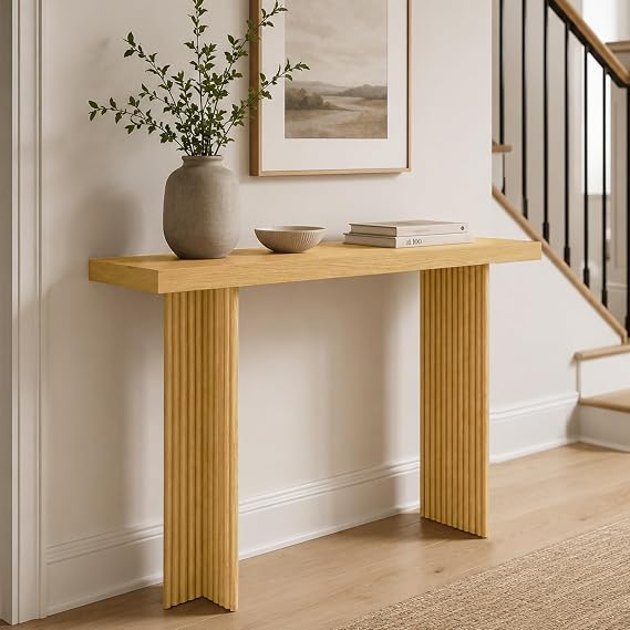 Fluted Console Table, 42" L X 30" H Soild Wood Narrow Console Table, Mid-Century Entryway Tables, Long Couch Table Behind Sofa for Living Room, Hallway (Oak)