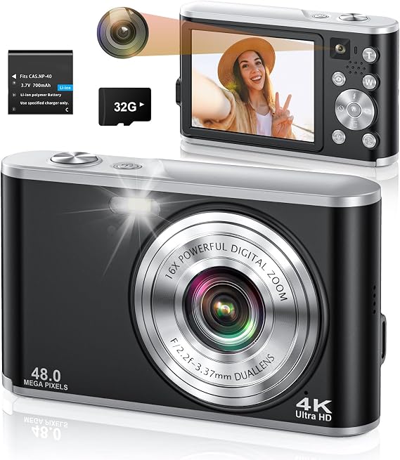 Digital Camera, 4K 48MP Autofocus Vlogging Camera Selfie Cameras with Anti-shake 16X Digital Zoom Flash 32G Memory Card, Compact Digital Cameras for Beginners Kids
