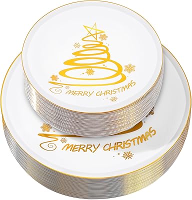 EBOOT 60 Pcs Christmas Plates Christmas Tree Plastic Plates Round Disposable Dessert Dinner supply for Holiday Party Supplies, 10.25 Inch and 7.5 InchGold,Stylish Style