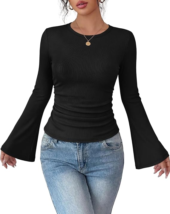 Sampeel Womens Bell Long Sleeve Shirts Ruched Tops Trendy 2026 Y2k Outfits