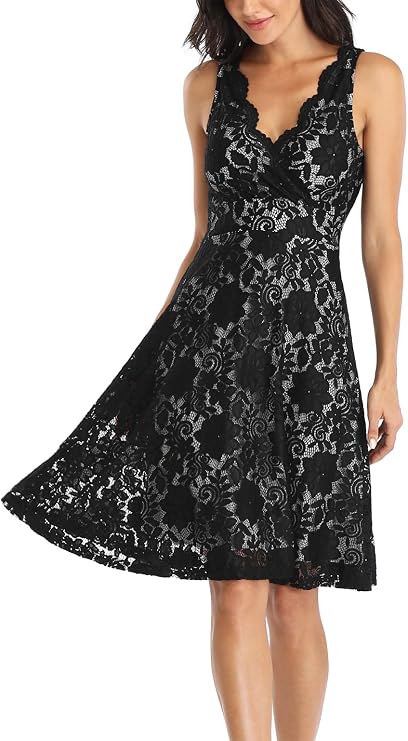 MISS MOLY Women's Floral Lace Overlay Fit and Flare Dress Sexy V-Neck Knee Length Elegant Party Wedding Dress