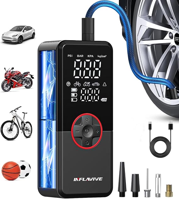Tire Inflator Portable Air Compressor, 3X Fast Inflate Cordless Air Pump for Car Tires with LED Light, 150PSI Portable Electric Pump with Digital Pressure Gauge, for Bike Motorcycle Car Ball