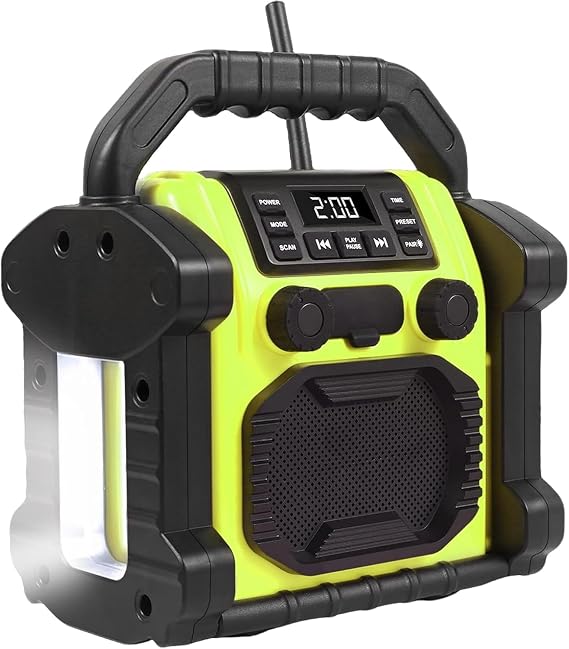 Outdoor Radios Waterproof Jobsite Speaker, 30W IPX 66 8000mAh Battery, Cell Phone Charging, Portable with LED Lights, Portable FM Clock Radio for Outdoor/Work/Garage (Green)