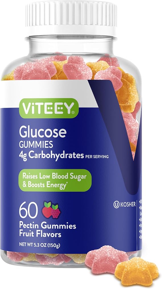 Viteey Glucose Gummies - 4g of Carbohydrates | Fast Acting Alternative to Glucose Tablets - Energy and Blood Sugar Support - Vegan, Gluten Free, Gelatin Free - 60 Count