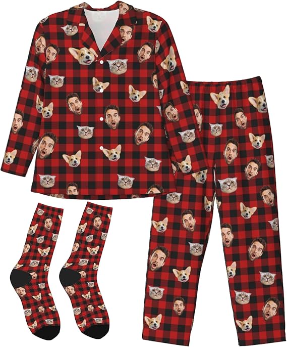 Custom Pajamas Set Pants Plaid Personalized Funny PJ Pant Design with Face Pajama