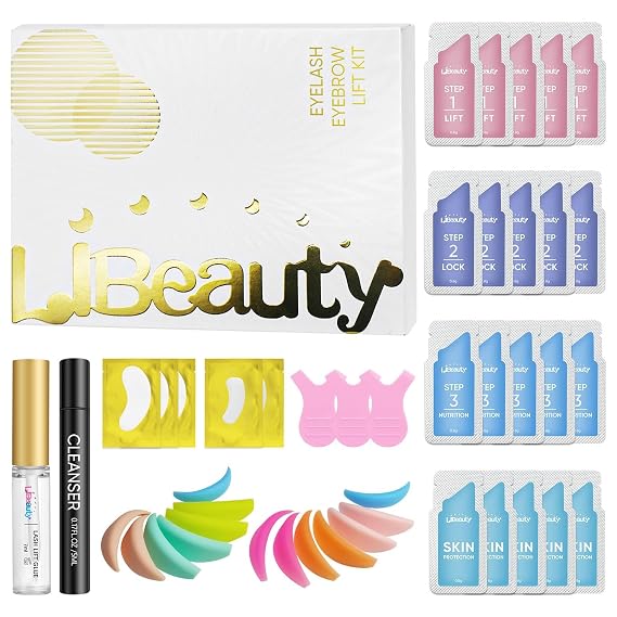 Libeauty Lash Lift Kit 20 Pcs Sachets, Brow Lamination Kit, Individually Packaged Lotion for Salon & Home Use with 5 Sizes L-Curl Shields