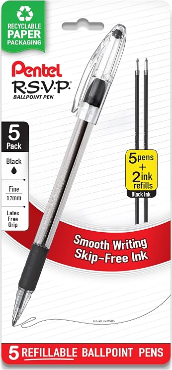 Pentel RSVP Fine Point Ballpoint Pens 0.7mm - Pack of 5 Rsvp Pens with 2 Refills