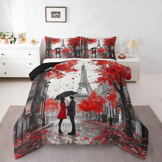 Erosebridal Eiffel Tower Down Comforter Romantic Paris Themed Comforter Set Couple Lover Red Flowers Petals Twin Bedding Set,Valentine's Day Themed Cityscape Duvet Insert for Woman Man Bedroom Decor