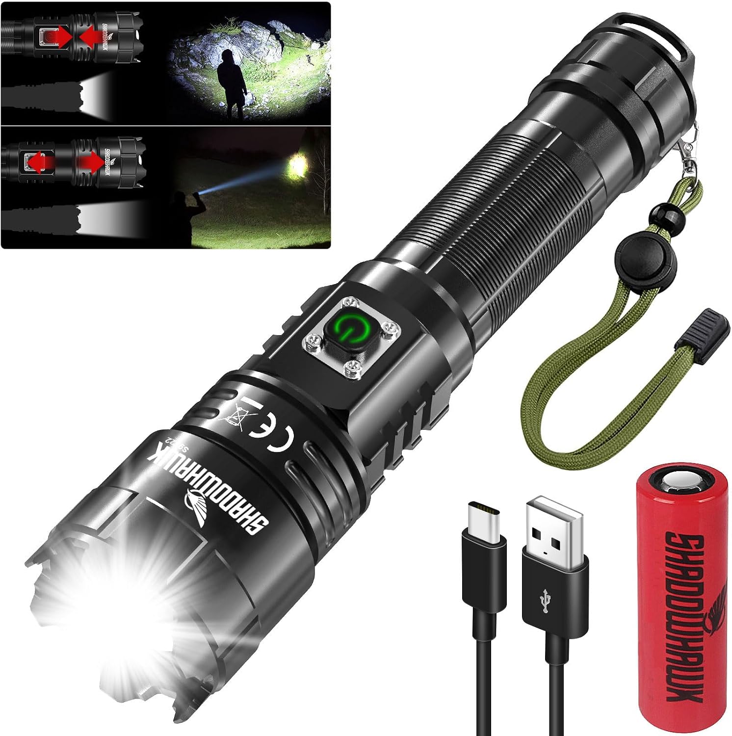 Shadowhawk Torches LED Super Bright, 500000 Lumens Rechargeable LED Torch, USB Flashlight, XHP70.2, IP67 Waterproof, 5 Light Modes Zoomable, for Camping Hiking Emergency [Energy Class A]