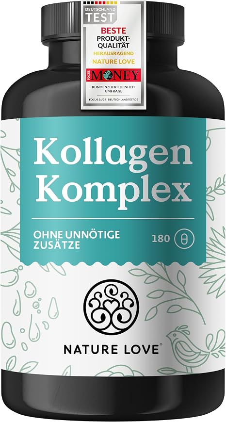 NATURE LOVE Collagen Complex - 180 Capsules - with Hyaluron Biotin Selenium Zinc Vitamin C from Acerola & Silicon from Bamboo Extract - Collagen High Dose - Laboratory Tested and Produced in Germany