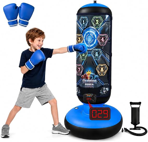 Punching Bag for Kids, Inflatable Boxing Bag with Electronic Scoring, Lights, Music & 4 Training Modes, Boxing Set with Gloves & Air Pump, Birthday Gifts for Boys & Girls 4-12