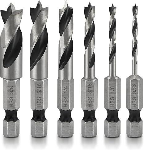 NEIKO 11401A 6 Piece Brad Point Drill Bit Set, Stubby Drill Bit Set for Wood, 1/4" Quick Change Hex Shank, HSS 4241 High Speed Steel for Quick Change Chucks and Drives, Drill Bit Holder Included