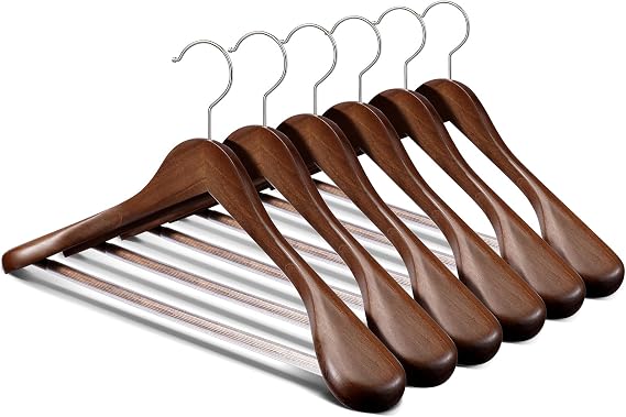 Suit Hangers 6 Pack,Wide Shoulder Wooden Hangers,Solid Wood Coat Hangers with Heavy Duty Retotating Hooks & Non Slip Pants Bar,Smooth Finish Clothes Hanger for Sweater, Pants, Jacket(Walnut)