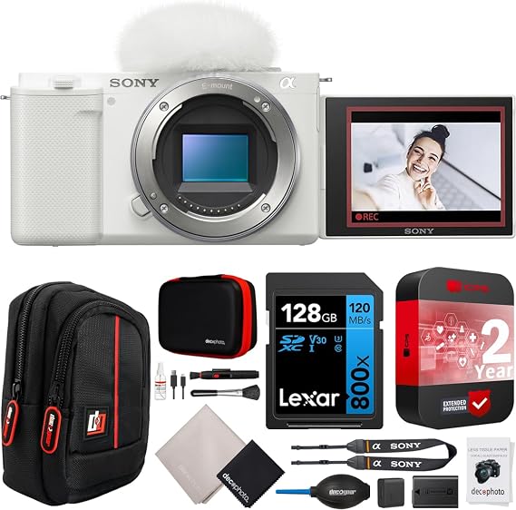 Sony ZV-E10 Mirrorless APS-C Vlog Camera | Official Sony USA Partner Model | Body Only (White) Bundle with CPS 2 YR Extended Protection Pack + Deco Gear Case + 128GB Memory Card & Accessories Kit