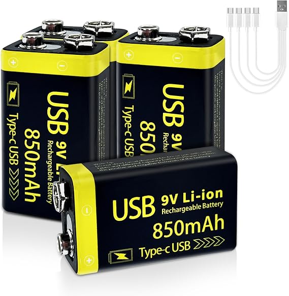 9V Rechargeable Lithium Batteries, 850mAh 9 Volt Rechargeable Battery with USB-C Charging Cable, 500 Cycles 6F22 Batteries for Electric Guitar, Smoke Alarms (4 Pack)
