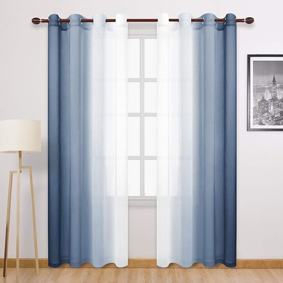 DWCN Transparent Ombre Curtains Faux Linen Semi Voile Gradient for Bedroom Living Room 132 x 244 cm Length Set of 2 Window Panels Blue (Denim Blue)