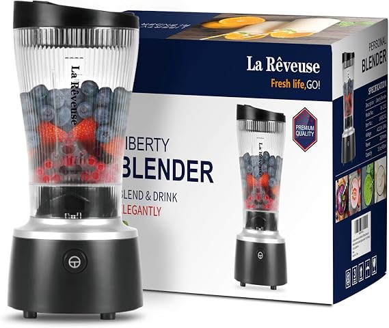 La Reveuse Single Serving Blender, Portable 15oz Cup, 250W, Black, LARB2202 | For Shakes, Smoothies, Juices, Personal Size, BPA-free, Pulse Button, Space Saving Suitable for Apartment, Office, Dorm, Home