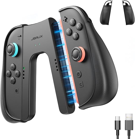 JSAUX Switch 2用充電グリップ＋JoyCon 2保護ケース2個セット｜V字型ジョイコン2グリップ・プレイしながら充電・人間工学デザイン・充電式コントローラーホルダー・マグネット式固定・充電指示LED付・USB Cケーブル付 充電グリップ + JoyCon滑り止めカバー