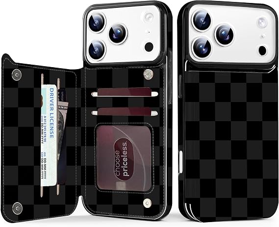 for iPhone17 Pro Max Case Wallet with Card Holder, Military-Grade Drop Protection,Flip PU Leather Built,Double Magnetic Clasp and Durable Shockproof for iP17 PM5G 2025 Cover-Checkered Black