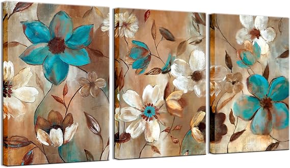 Biuteawal - Abstract Flower Painting on Canvas Wall Art Blue White Floral Picture Print Contemporary Decorative Artwork Framed Ready to Hang for Home Kitchen Bedroom Living Room Decoration