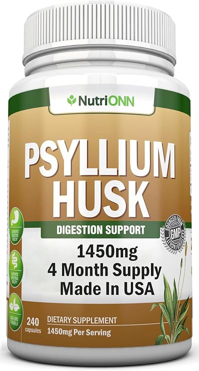 NutriONN Psyllium Husk Capsules - 1450mg - 240 Capsules - Made in USA - Double Strength - Premium Psyllium Fiber Supplement - Great for Digestion and Regularity - Non-GMO