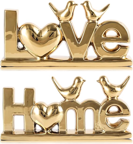 Ceramic Love & Home Sign Decor with Bird Statues Set 2,10" Modern Gold Tabletop Sculptures for TV Stand,Floating Shelf & Entryway,Romantic Wedding & Warm Housewarming Gift Set (Gold)