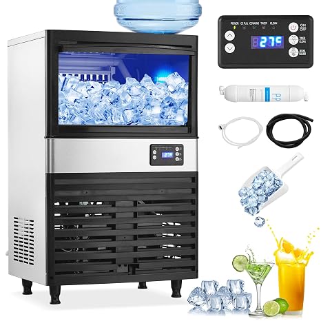 120Lbs/24H Commercial Ice Maker Machine, with 26lbs Storage Bin, 60Pcs Clear Ice Cubes, Stainless Steel Under Counter Freestanding Ice Machine for Home/Party/Bar/Restaurant, 2 Water Inlet Modes