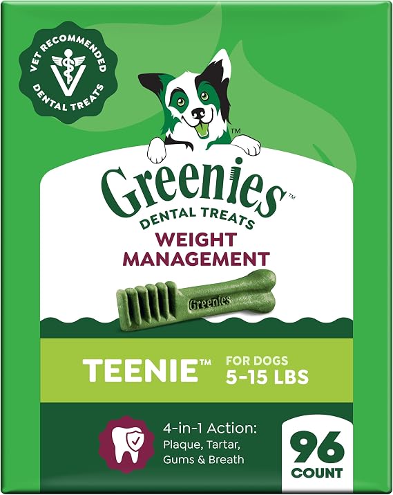 Greenies Weight Management Teenie Size Natural Dental Dog Treats, 96 Count | Veterinarian-recommended, clinically-proven, cleaner teeth after 28 days, low fat, for dogs 5-15 lbs