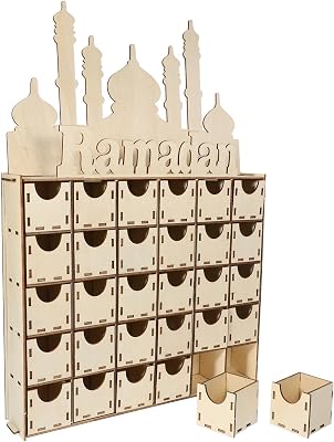 ABOOFAN Wooden Ramadan Advent Calendar Decorations Wooden DIY Drawers Eid Countdown Mubarak Ramadan Party Ornament for Muslim Desktop Organizer