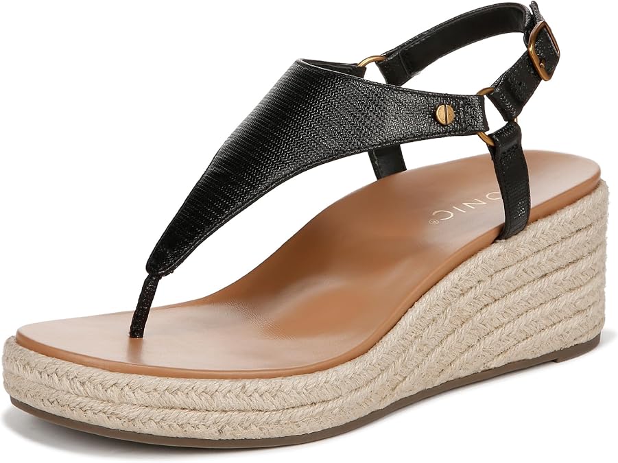Vionic Women's Solano Kirra Wedge Toe Post Comfortable Wedge Heels- Supportive Wedges Comfort Shoes Black Leather 6 Wide