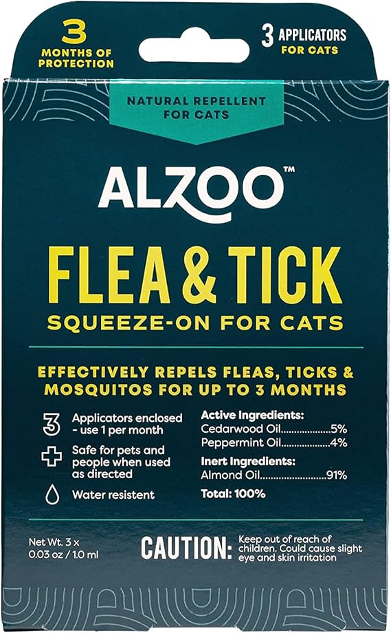 ALZOO Plant Based Flea & Tick Squeeze-On for Cats, Helps Repel Fleas, Ticks & Mosquitos, Up to 3-Months Protection, Plant-Based Active Ingredients, Water-Resistant, 3 EZ-On Applicators Per Pack
