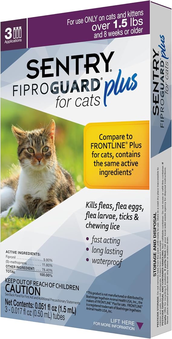 Sentry Fiproguard Plus for Cats, Flea and Tick Prevention for Cats, 1.5 lbs and Over, 3 Month Supply