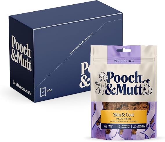 Pooch & Mutt - Skin & Coat Meaty Dog Treats, Shrimp & Coconut, 7x120g | Treats for Dogs Skin and Coat, For Dry and Itchy Skin, Grain Free, Packaging May Vary
